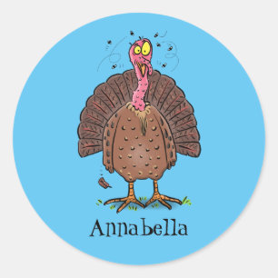 Funny brown farmyard turkey with flies cartoon classic round sticker