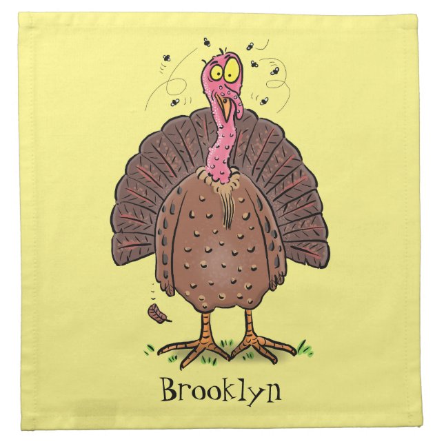 Funny brown farmyard turkey with flies cartoon cloth napkin (Front)