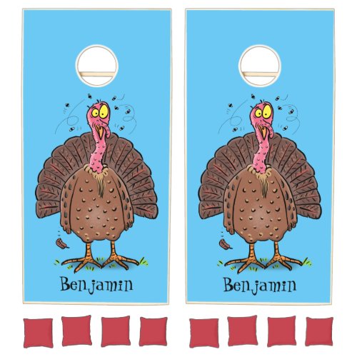 Funny brown farmyard turkey with flies cartoon cornhole set
