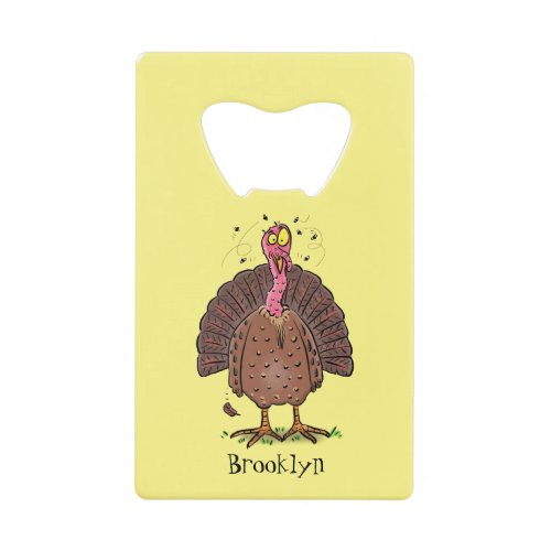 Funny brown farmyard turkey with flies cartoon credit card bottle opener