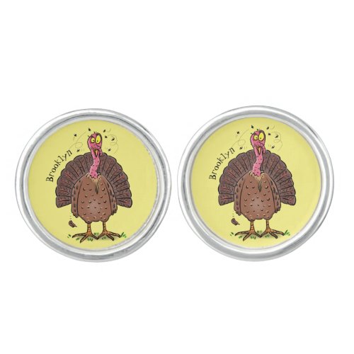 Funny brown farmyard turkey with flies cartoon cufflinks