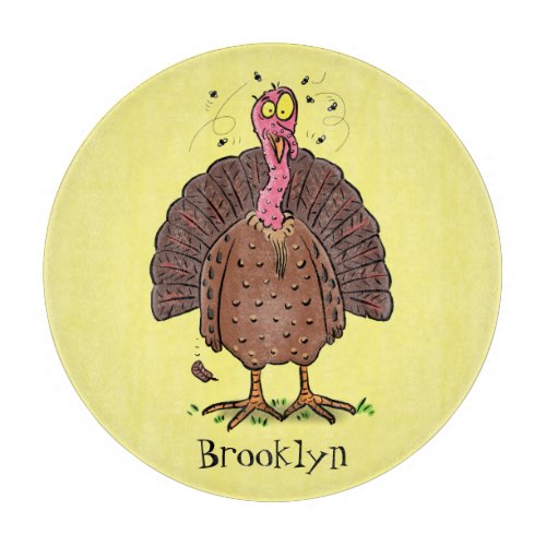 Funny brown farmyard turkey with flies cartoon cutting board