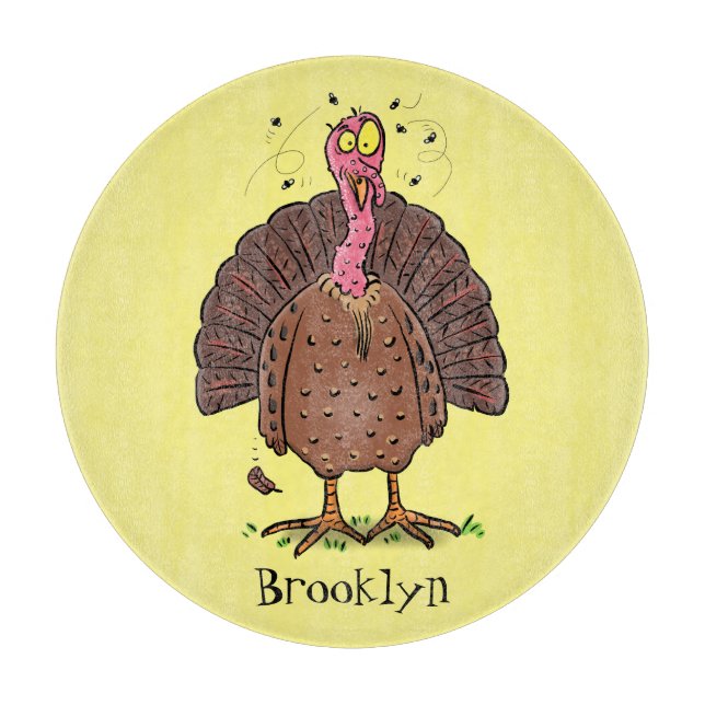 Funny brown farmyard turkey with flies cartoon cutting board (Front)