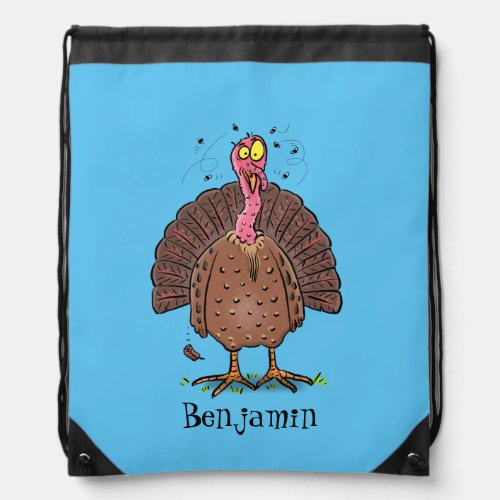 Funny brown farmyard turkey with flies cartoon drawstring bag