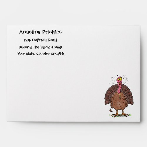 Funny brown farmyard turkey with flies cartoon envelope