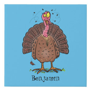 Funny brown farmyard turkey with flies cartoon faux canvas print