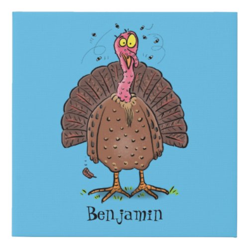 Funny brown farmyard turkey with flies cartoon faux canvas print