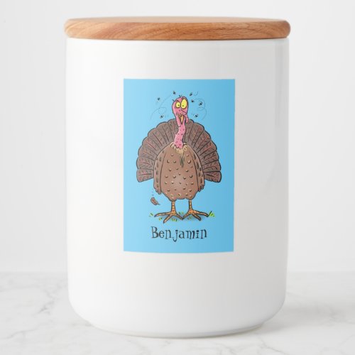 Funny brown farmyard turkey with flies cartoon food label