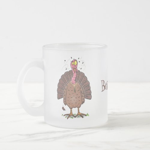 Funny brown farmyard turkey with flies cartoon frosted glass coffee mug