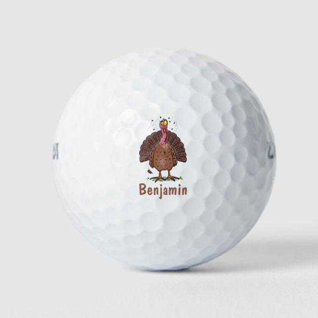 Funny brown farmyard turkey with flies cartoon golf balls (Front)