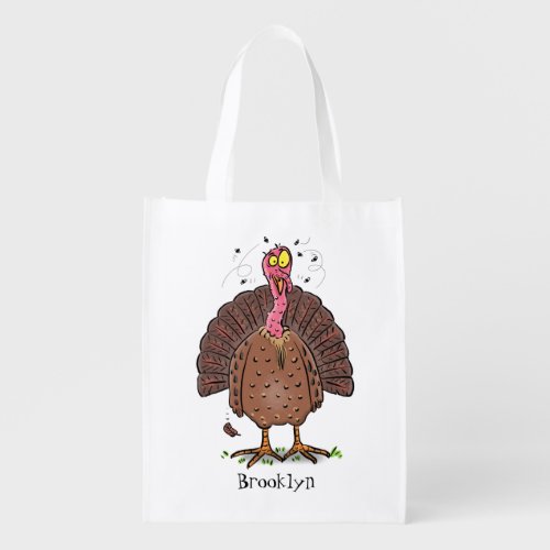 Funny brown farmyard turkey with flies cartoon grocery bag