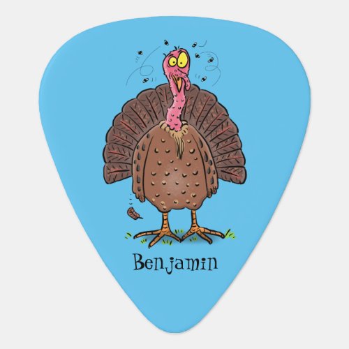 Funny brown farmyard turkey with flies cartoon guitar pick