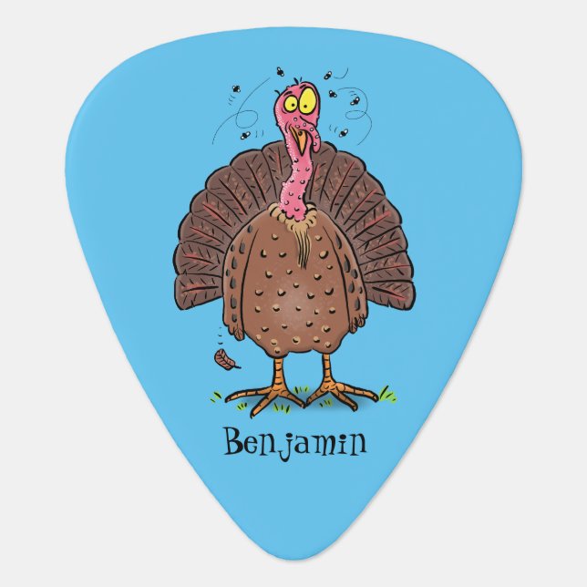 Funny brown farmyard turkey with flies cartoon guitar pick (Front)