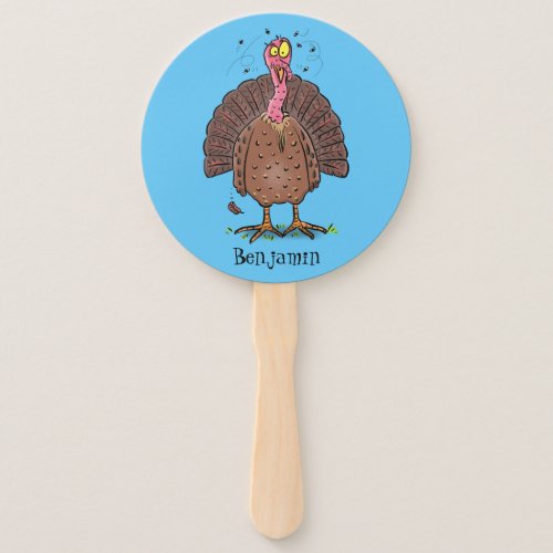 Funny brown farmyard turkey with flies cartoon hand fan