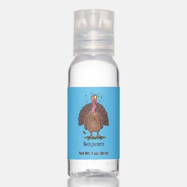 Funny brown farmyard turkey with flies cartoon hand sanitizer (Front)