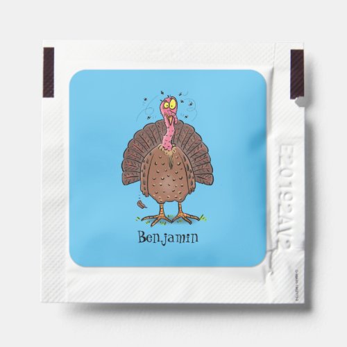 Funny brown farmyard turkey with flies cartoon hand sanitizer packet