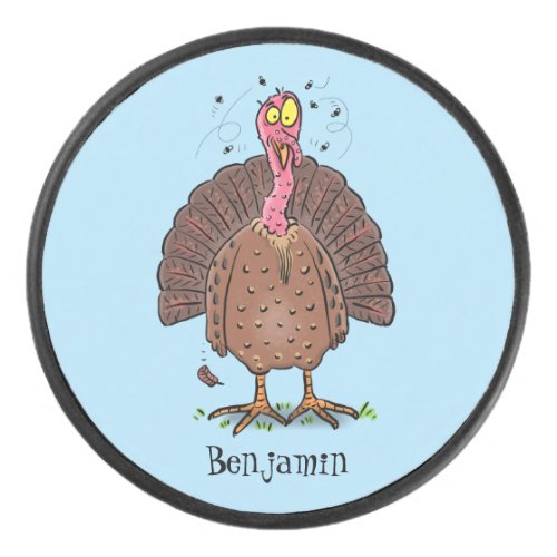 Funny brown farmyard turkey with flies cartoon hockey puck