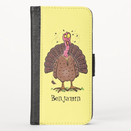 Funny brown farmyard turkey with flies cartoon iPhone x wallet case