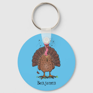 Funny brown farmyard turkey with flies cartoon keychain