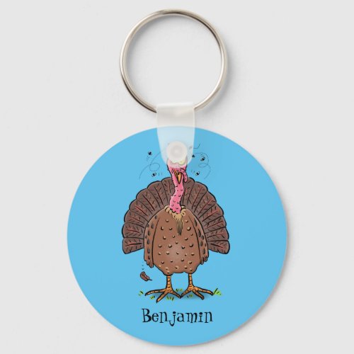 Funny brown farmyard turkey with flies cartoon keychain