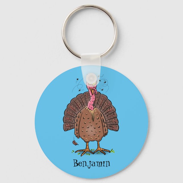 Funny brown farmyard turkey with flies cartoon keychain (Front)
