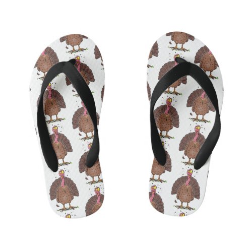 Funny brown farmyard turkey with flies cartoon kids flip flops