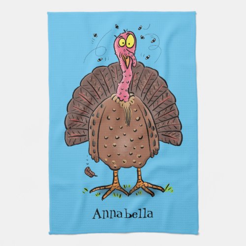 Funny brown farmyard turkey with flies cartoon kitchen towel
