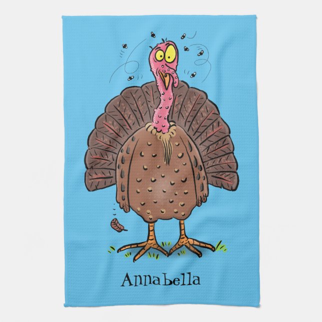 Funny brown farmyard turkey with flies cartoon kitchen towel (Vertical)