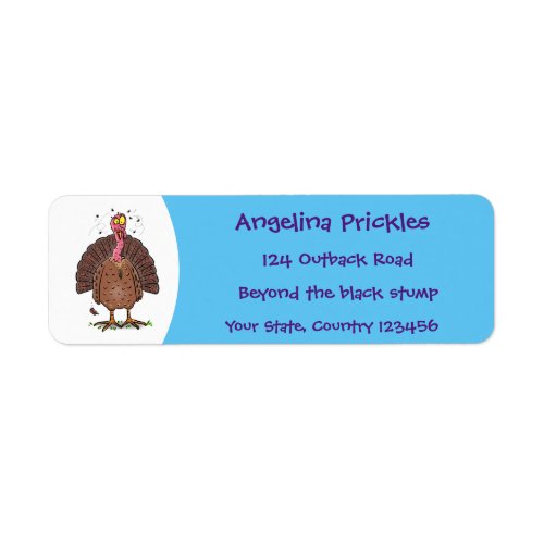 Funny brown farmyard turkey with flies cartoon label
