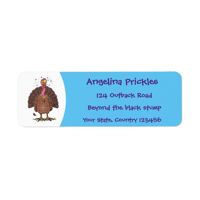 Funny brown farmyard turkey with flies cartoon label (Front)