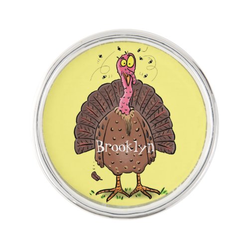 Funny brown farmyard turkey with flies cartoon lapel pin