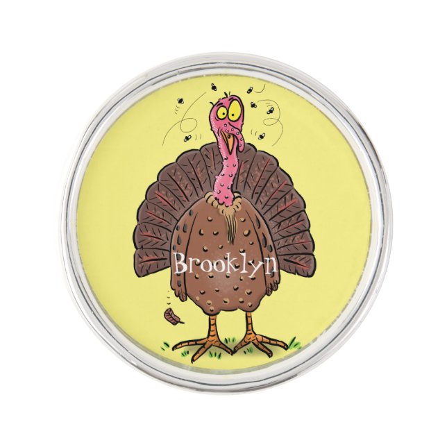 Funny brown farmyard turkey with flies cartoon lapel pin (Front)