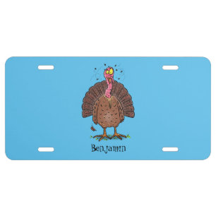 Funny brown farmyard turkey with flies cartoon license plate