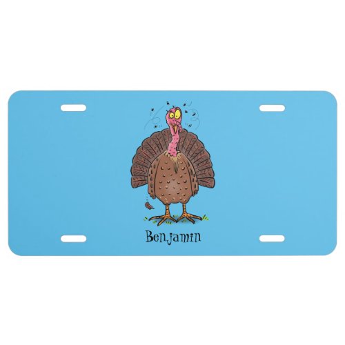 Funny brown farmyard turkey with flies cartoon license plate