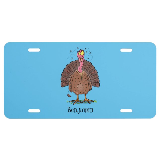 Funny brown farmyard turkey with flies cartoon license plate (Front)