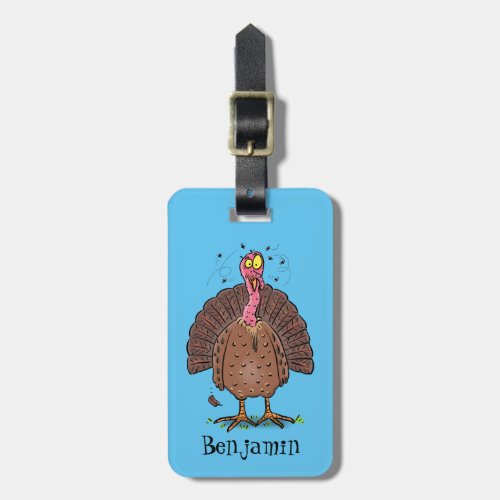 Funny brown farmyard turkey with flies cartoon luggage tag