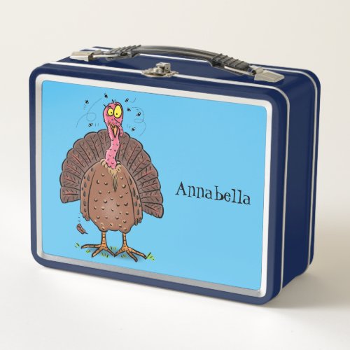 Funny brown farmyard turkey with flies cartoon metal lunch box