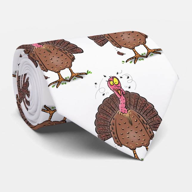 Funny brown farmyard turkey with flies cartoon neck tie (Rolled)