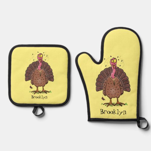 Funny brown farmyard turkey with flies cartoon oven mitt  pot holder set