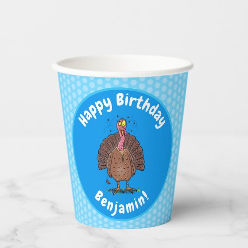 Funny brown farmyard turkey with flies cartoon paper cups