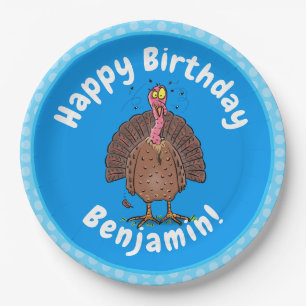 Funny brown farmyard turkey with flies cartoon paper plates