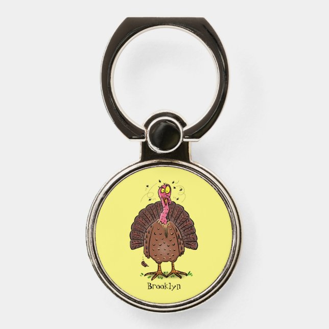 Funny brown farmyard turkey with flies cartoon phone ring stand (Front)