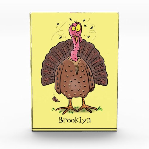 Funny brown farmyard turkey with flies cartoon photo block