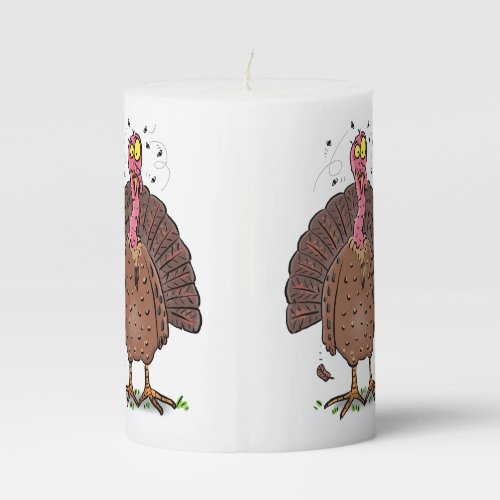 Funny brown farmyard turkey with flies cartoon pillar candle