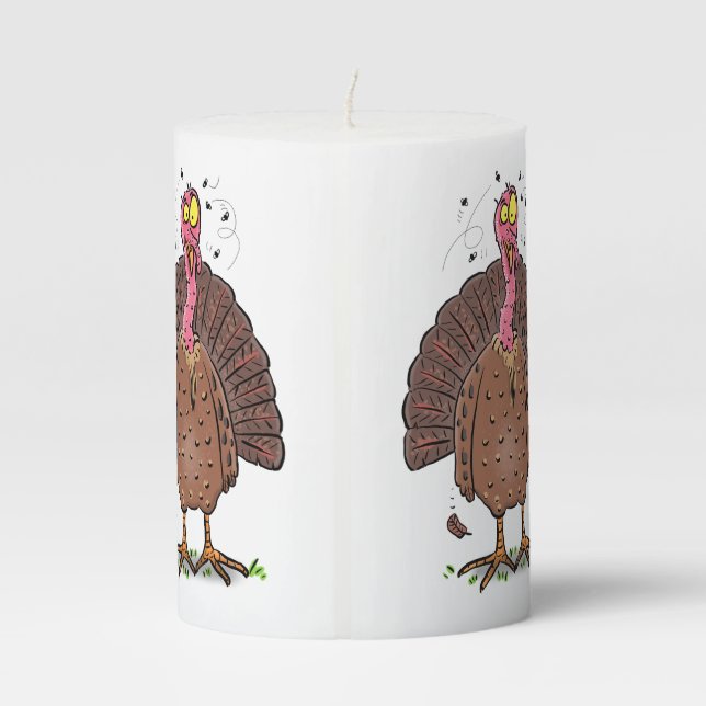 Funny brown farmyard turkey with flies cartoon pillar candle (Back)