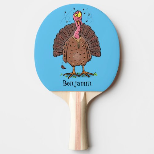 Funny brown farmyard turkey with flies cartoon ping pong paddle