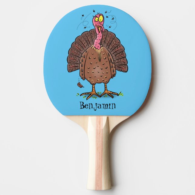 Funny brown farmyard turkey with flies cartoon ping pong paddle (Front)