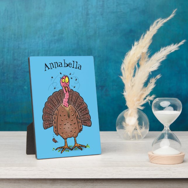 Funny brown farmyard turkey with flies cartoon plaque (Side)