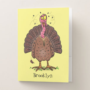 Funny brown farmyard turkey with flies cartoon pocket folder