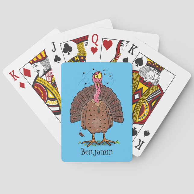 Funny brown farmyard turkey with flies cartoon poker cards (Back)